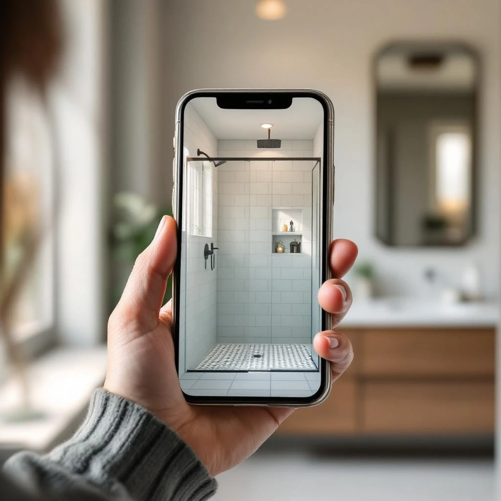 Person viewing an AI-rendered preview of a new shower enclosure placed inside their actual bathroom