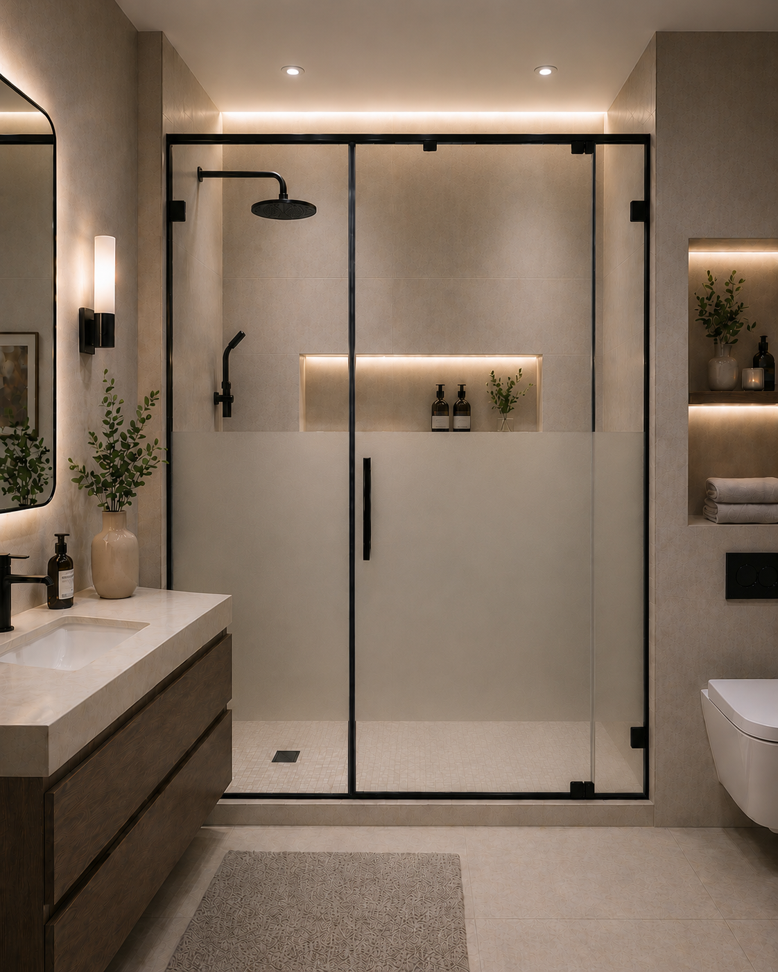 Modern Indian bathroom featuring a frameless walk-in glass shower enclosure, brushed brass wall-mounted faucet, and a floating walnut vanity