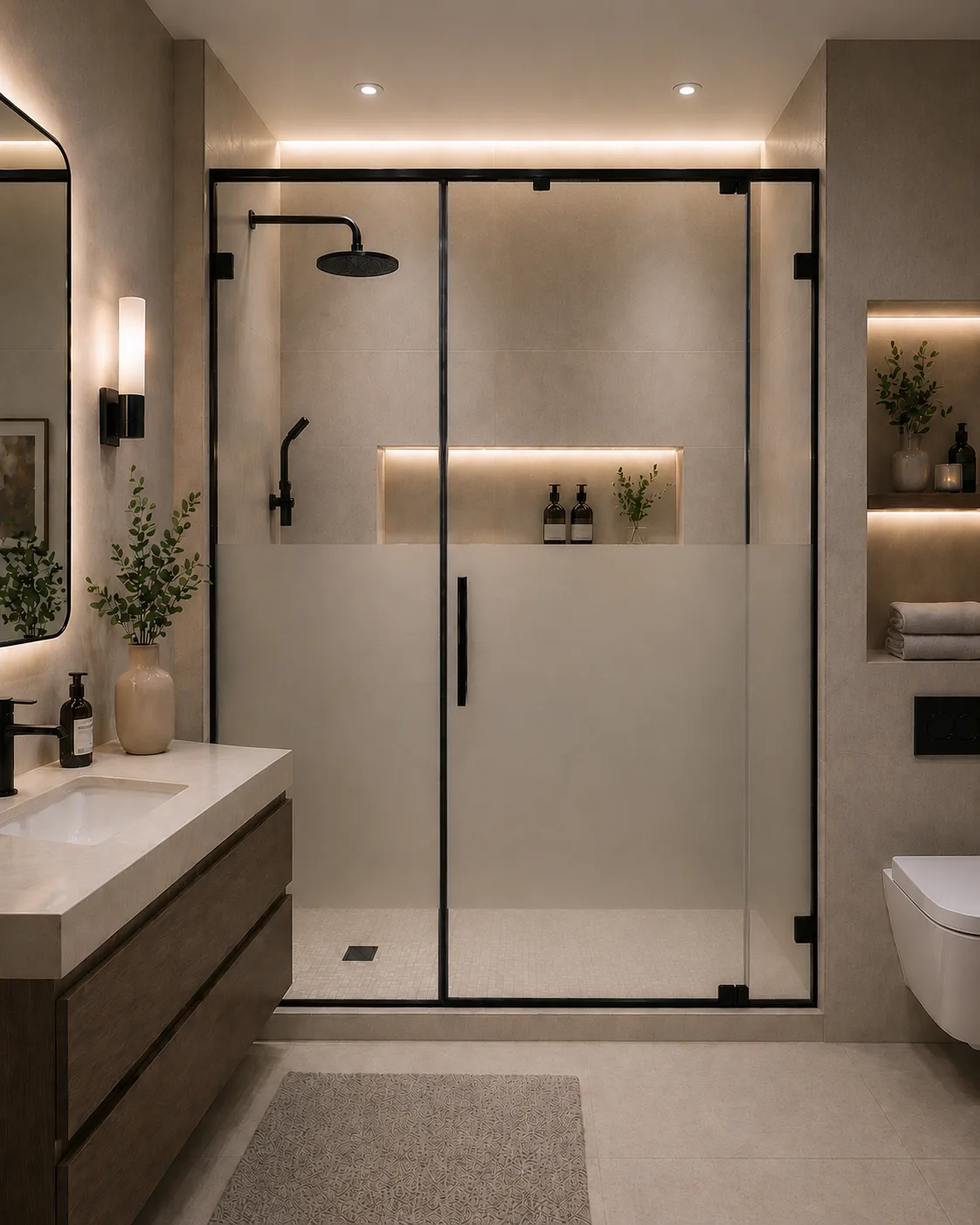 Modern Indian bathroom featuring a frameless walk-in glass shower enclosure, brushed brass wall-mounted faucet, and a floating walnut vanity